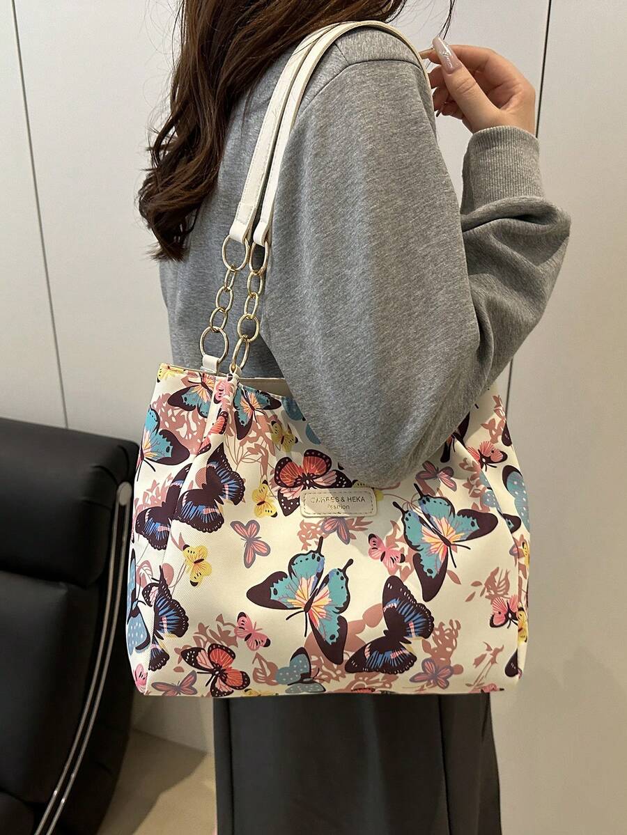 Fashionable Striped Handbag- Women Large Capacity Shoulder Bag- Zipper Tote Bag For Daily Use- Metal Chain Tote Bag- Waterproof Nylon Material Colorful Butterfly Pattern- Back To School Student B