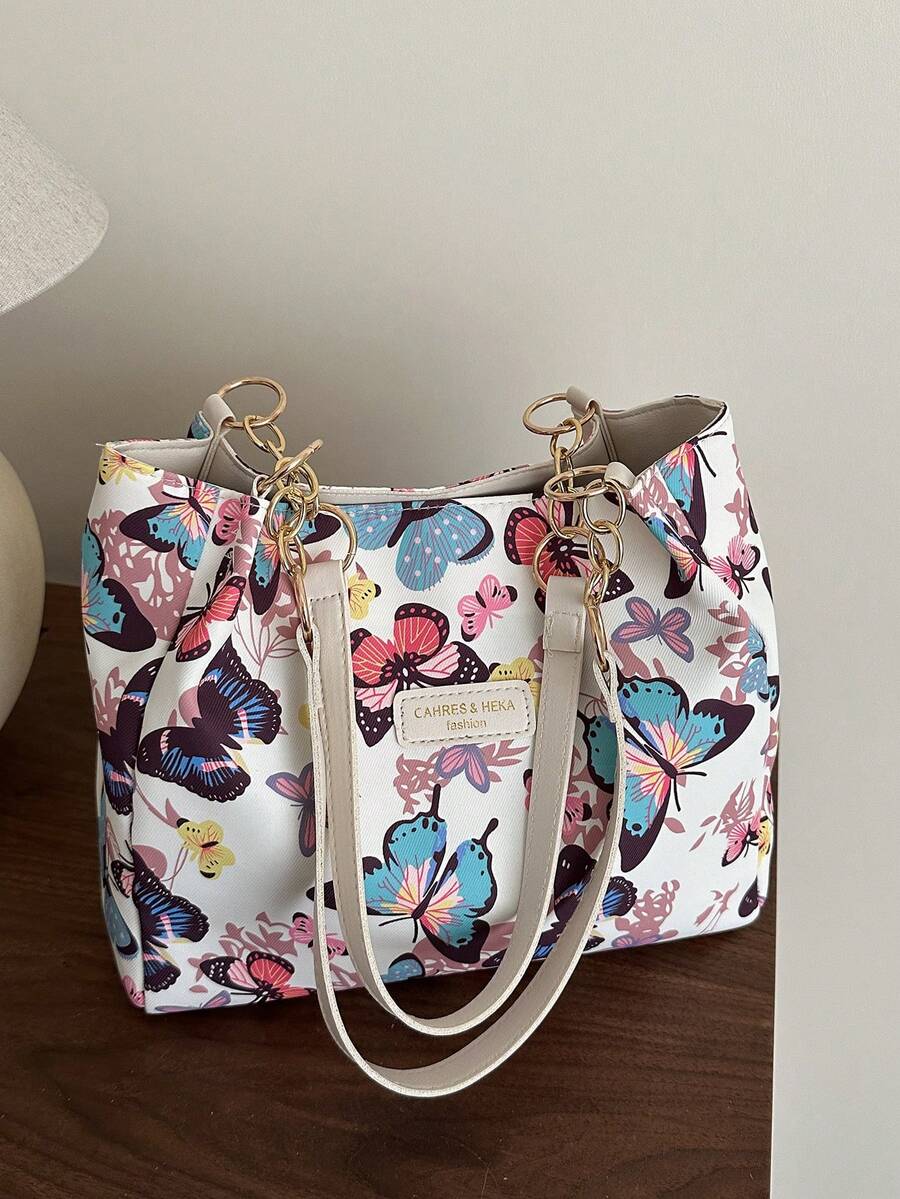 Fashionable Striped Handbag- Women Large Capacity Shoulder Bag- Zipper Tote Bag For Daily Use- Metal Chain Tote Bag- Waterproof Nylon Material Colorful Butterfly Pattern- Back To School Student B