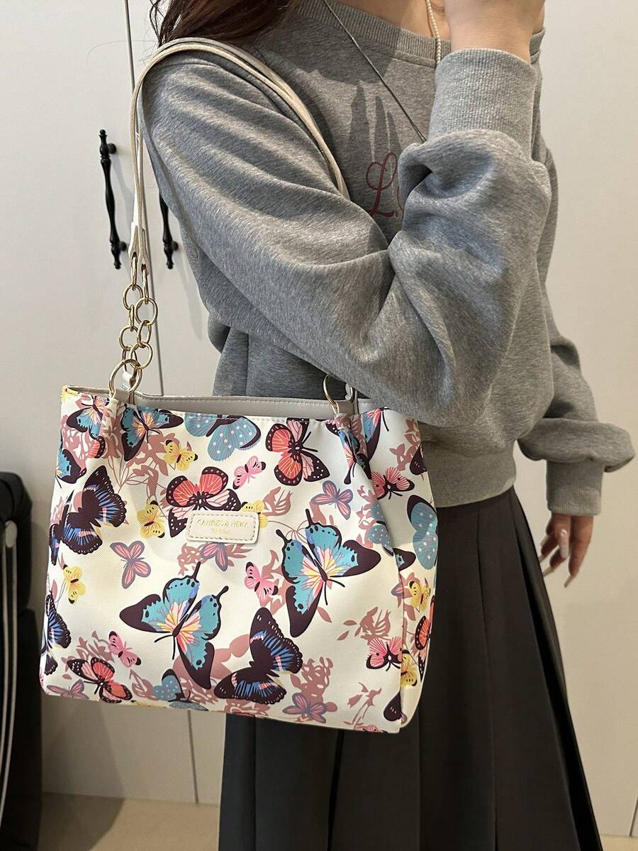Fashionable Striped Handbag- Women Large Capacity Shoulder Bag- Zipper Tote Bag For Daily Use- Metal Chain Tote Bag- Waterproof Nylon Material Colorful Butterfly Pattern- Back To School Student B
