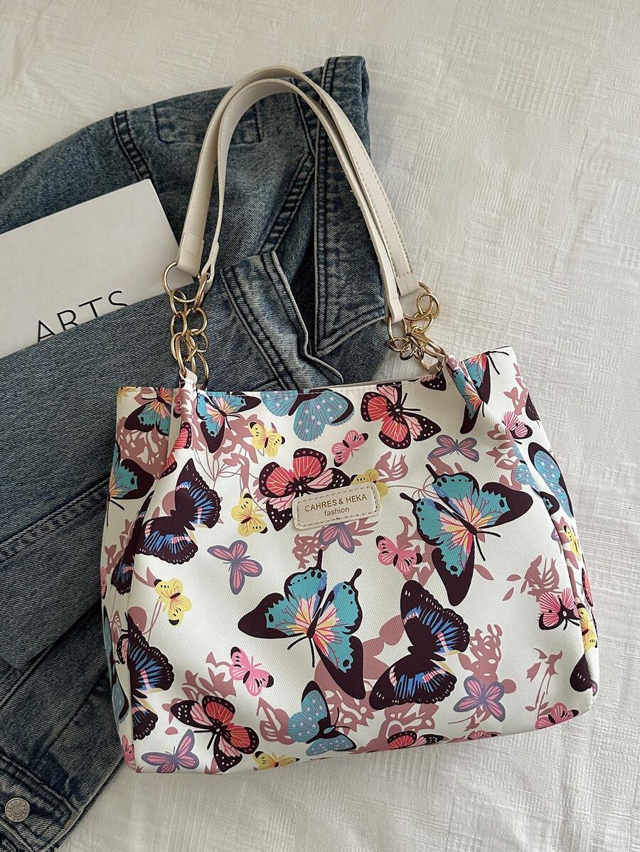 Fashionable Striped Handbag- Women Large Capacity Shoulder Bag- Zipper Tote Bag For Daily Use- Metal Chain Tote Bag- Waterproof Nylon Material Colorful Butterfly Pattern- Back To School Student B