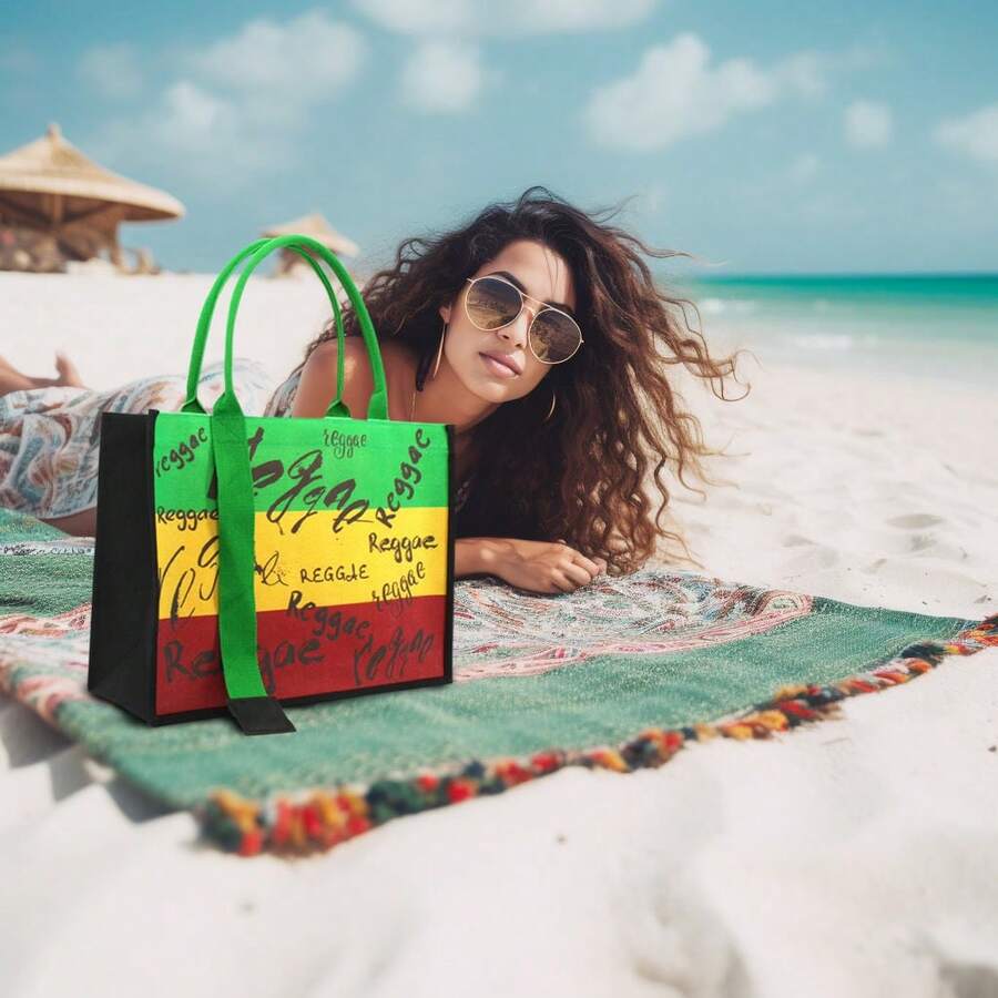 Women's Canvas Tote Bag Ribbon Beach Bag Jamaican Reggae Party Bag