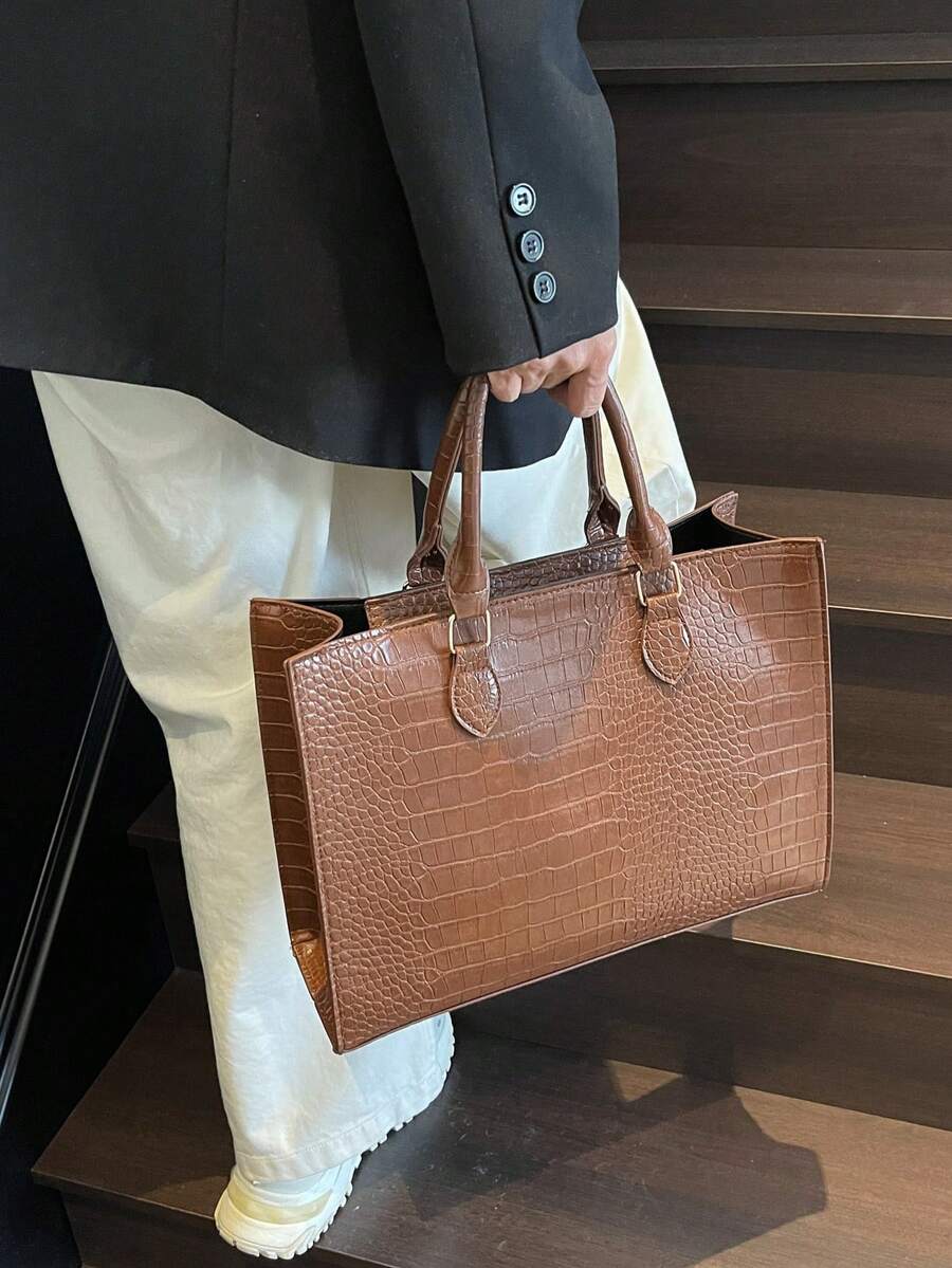 Fashion Crocodile Texture Large Capacity Zipper Handbag, Suitable For Daily, Business, Travel, Vacation, Outdoor, Home, Dorm, Gender & Student Shopping Bag