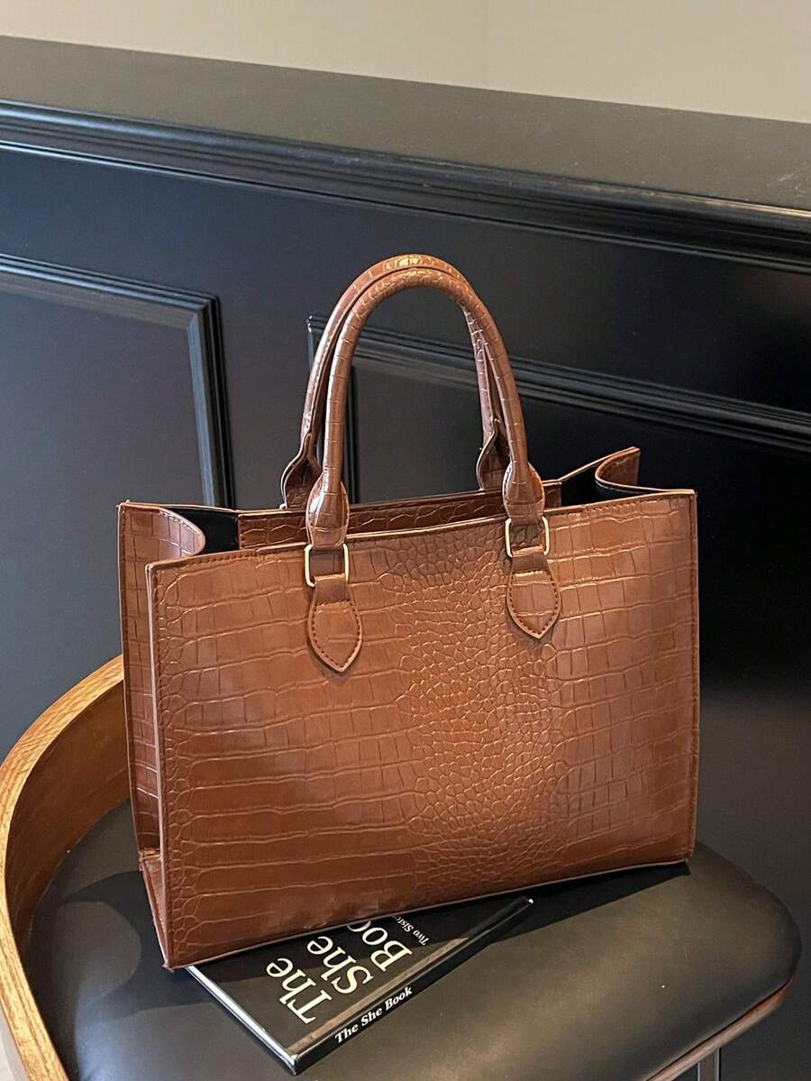 Fashion Crocodile Texture Large Capacity Zipper Handbag, Suitable For Daily, Business, Travel, Vacation, Outdoor, Home, Dorm, Gender & Student Shopping Bag