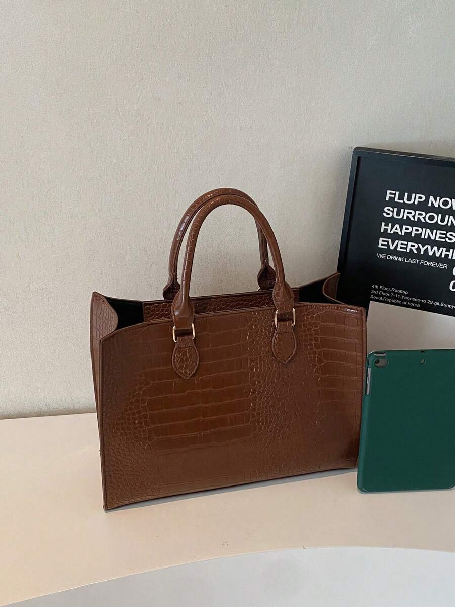 Fashion Crocodile Texture Large Capacity Zipper Handbag, Suitable For Daily, Business, Travel, Vacation, Outdoor, Home, Dorm, Gender & Student Shopping Bag
