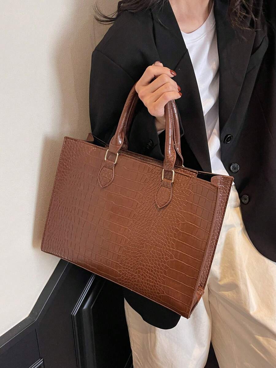 Fashion Crocodile Texture Large Capacity Zipper Handbag, Suitable For Daily, Business, Travel, Vacation, Outdoor, Home, Dorm, Gender & Student Shopping Bag