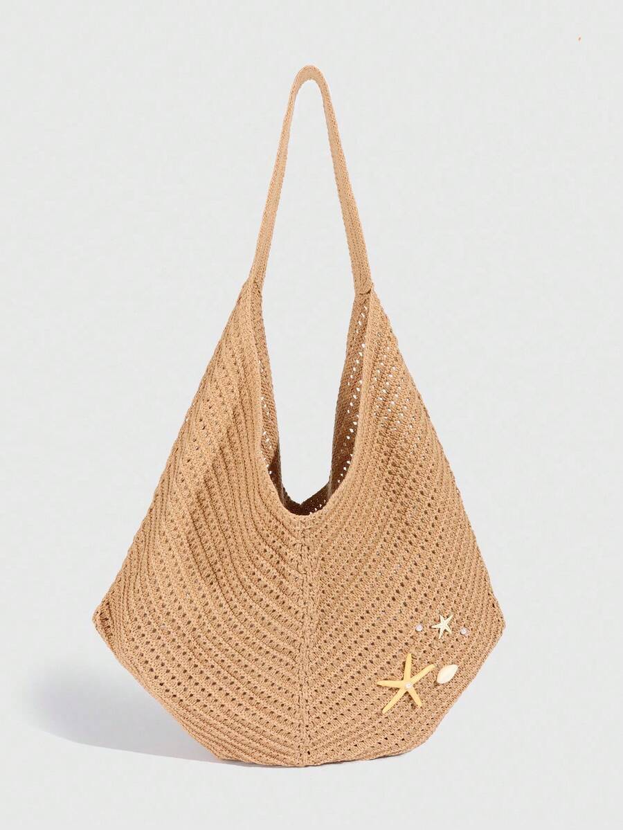 ROMWE Fairycore 1pc Tropical Shiny Hollow Out Knitted Tote Bag, Beach Vacation Style Shoulder Bag