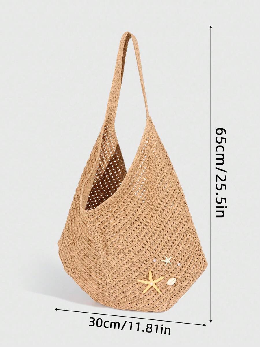 ROMWE Fairycore 1pc Tropical Shiny Hollow Out Knitted Tote Bag, Beach Vacation Style Shoulder Bag