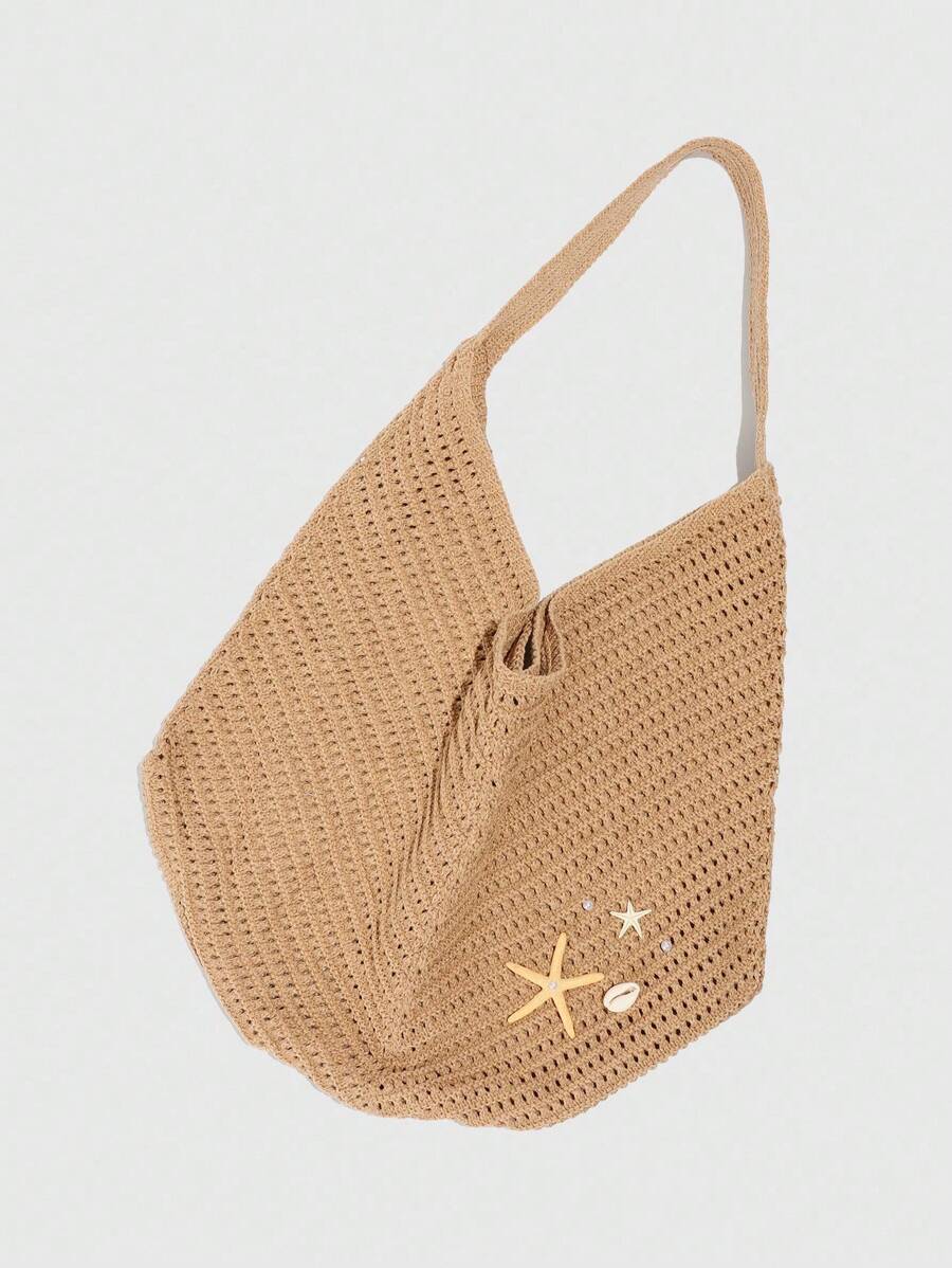 ROMWE Fairycore 1pc Tropical Shiny Hollow Out Knitted Tote Bag, Beach Vacation Style Shoulder Bag