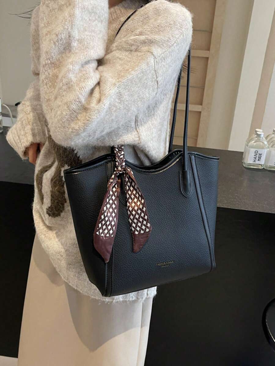 Fashion Solid Color PU Tote Bag With Scarf, Large Capacity Vintage Minimalist Casual Shoulder Bag