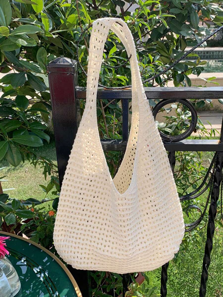 Women's Aesthetic Crochet Beach Shopper Tote Knitted Net Underarm Bag For Summer Versatile Shoulder Bag Women's Shoulder Bags Casual Woven Ladies Handmade Totes Large Capacity Summer Beach Female's Me