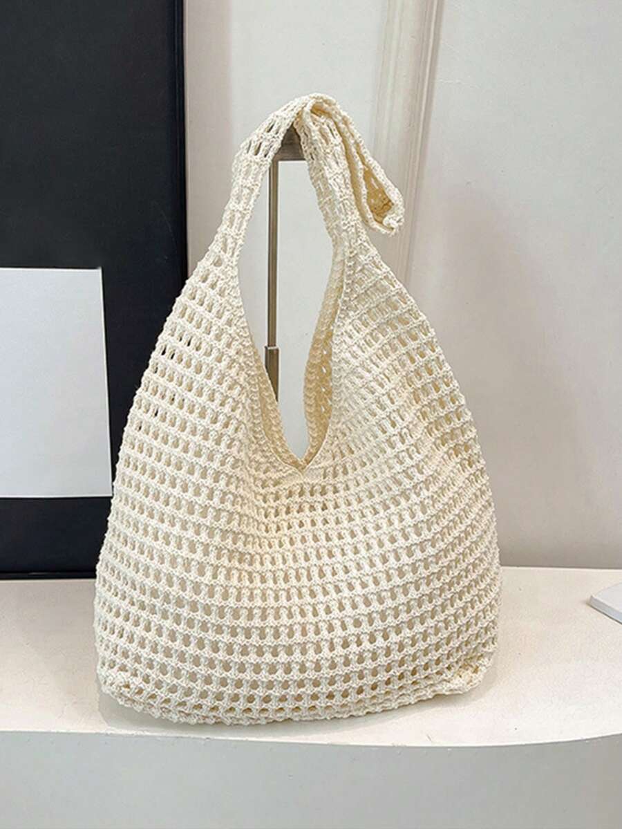 Women's Aesthetic Crochet Beach Shopper Tote Knitted Net Underarm Bag For Summer Versatile Shoulder Bag Women's Shoulder Bags Casual Woven Ladies Handmade Totes Large Capacity Summer Beach Female's Me