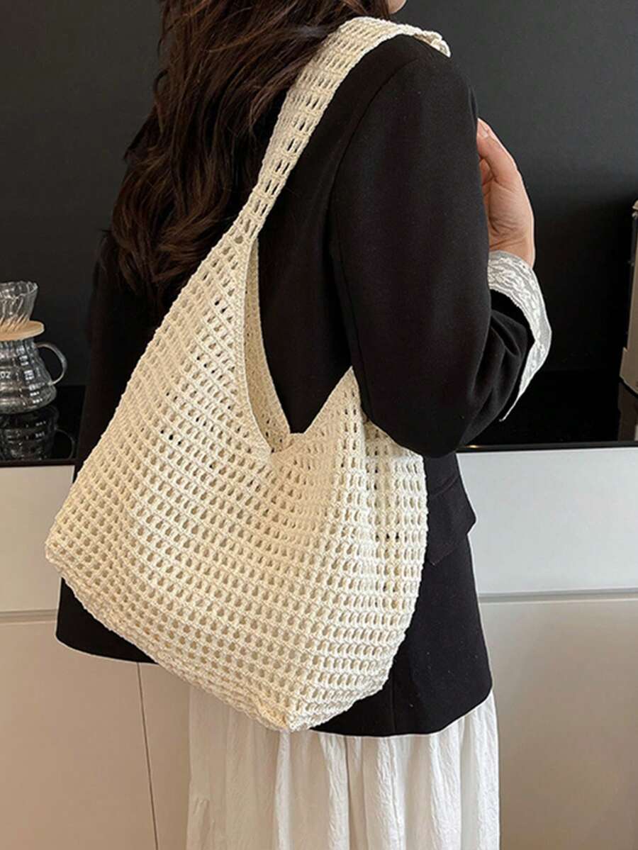 Women's Aesthetic Crochet Beach Shopper Tote Knitted Net Underarm Bag For Summer Versatile Shoulder Bag Women's Shoulder Bags Casual Woven Ladies Handmade Totes Large Capacity Summer Beach Female's Me