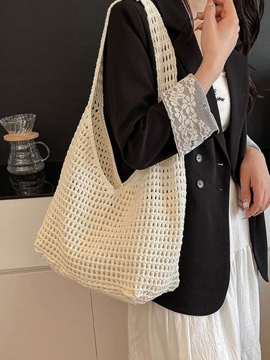 Women's Aesthetic Crochet Beach Shopper Tote Knitted Net Underarm Bag For Summer Versatile Shoulder Bag Women's Shoulder Bags Casual Woven Ladies Handmade Totes Large Capacity Summer Beach Female's Me