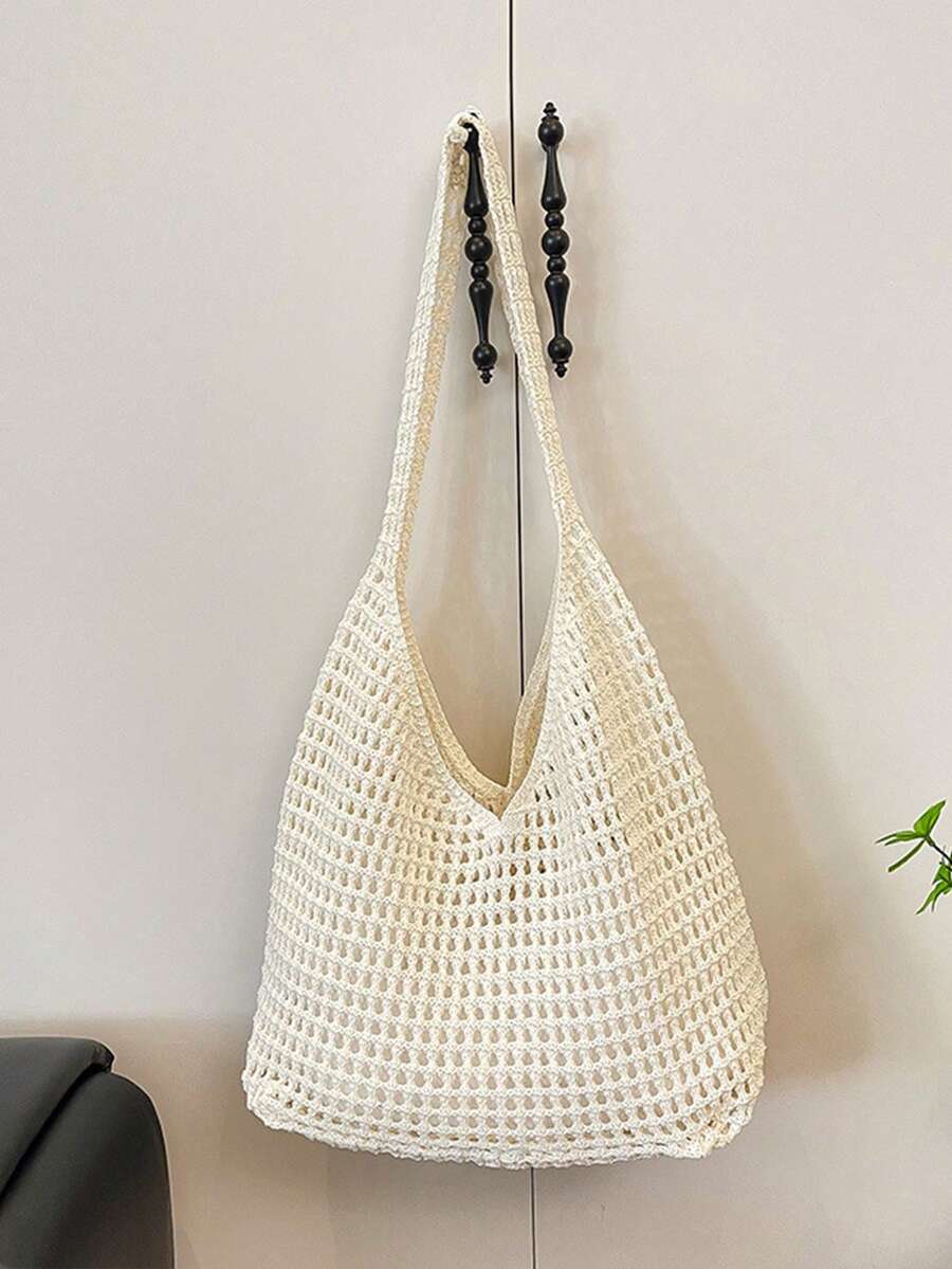 Women's Aesthetic Crochet Beach Shopper Tote Knitted Net Underarm Bag For Summer Versatile Shoulder Bag Women's Shoulder Bags Casual Woven Ladies Handmade Totes Large Capacity Summer Beach Female's Me