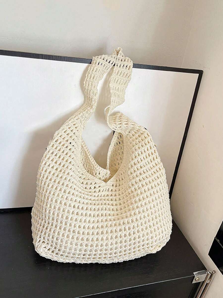 Women's Aesthetic Crochet Beach Shopper Tote Knitted Net Underarm Bag For Summer Versatile Shoulder Bag Women's Shoulder Bags Casual Woven Ladies Handmade Totes Large Capacity Summer Beach Female's Me