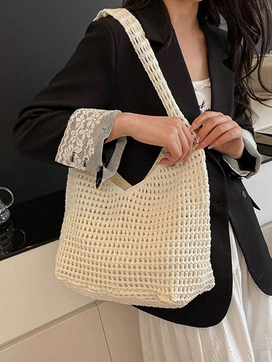 Women's Aesthetic Crochet Beach Shopper Tote Knitted Net Underarm Bag For Summer Versatile Shoulder Bag Women's Shoulder Bags Casual Woven Ladies Handmade Totes Large Capacity Summer Beach Female's Me