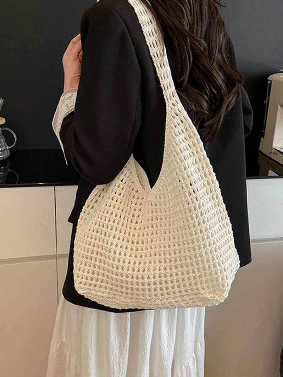 Women's Aesthetic Crochet Beach Shopper Tote Knitted Net Underarm Bag For Summer Versatile Shoulder Bag Women's Shoulder Bags Casual Woven Ladies Handmade Totes Large Capacity Summer Beach Female's Me