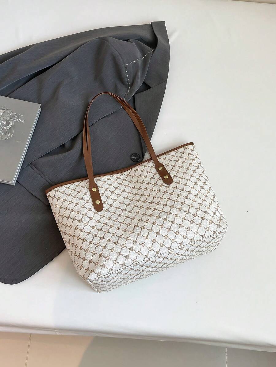 1pc White Metal Decor Retro Floral Letter Print PU Tote Bag, Large Capacity Women Shoulder Bag, Cream Bag