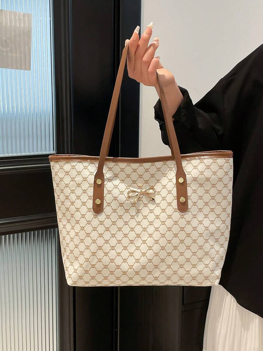 1pc White Metal Decor Retro Floral Letter Print PU Tote Bag, Large Capacity Women Shoulder Bag, Cream Bag