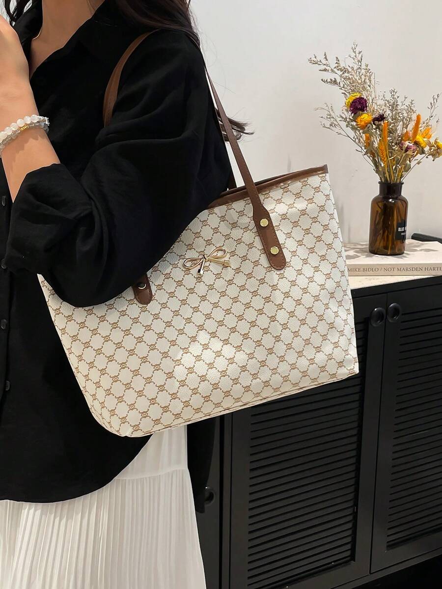 1pc White Metal Decor Retro Floral Letter Print PU Tote Bag, Large Capacity Women Shoulder Bag, Cream Bag
