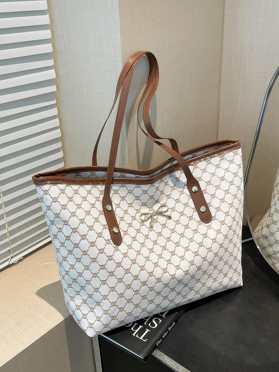1pc White Metal Decor Retro Floral Letter Print PU Tote Bag, Large Capacity Women Shoulder Bag, Cream Bag