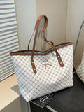 1pc White Metal Decor Retro Floral Letter Print PU Tote Bag, Large Capacity Women Shoulder Bag, Cream Bag