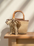 Livesso Handmade Woven Bamboo Knot Tote Handbag| Quality Woven Straw + Durable PU Leather Patchwork, Japanese Vintage Style| Bamboo Handle Design Convertible To Handheld Or Shoulder Bag, Large Capac