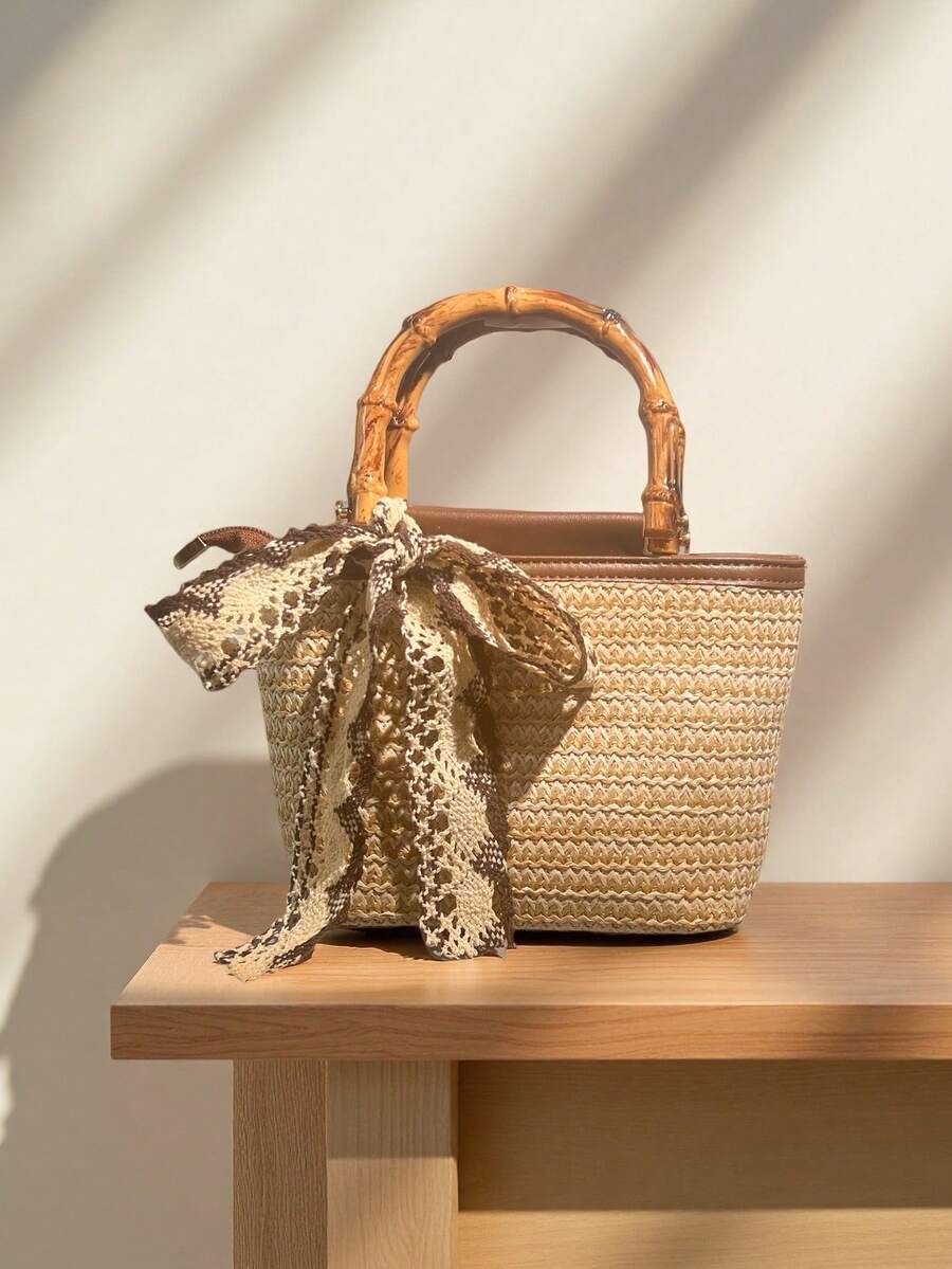 Livesso Handmade Woven Bamboo Knot Tote Handbag| Quality Woven Straw + Durable PU Leather Patchwork, Japanese Vintage Style| Bamboo Handle Design Convertible To Handheld Or Shoulder Bag, Large Capac
