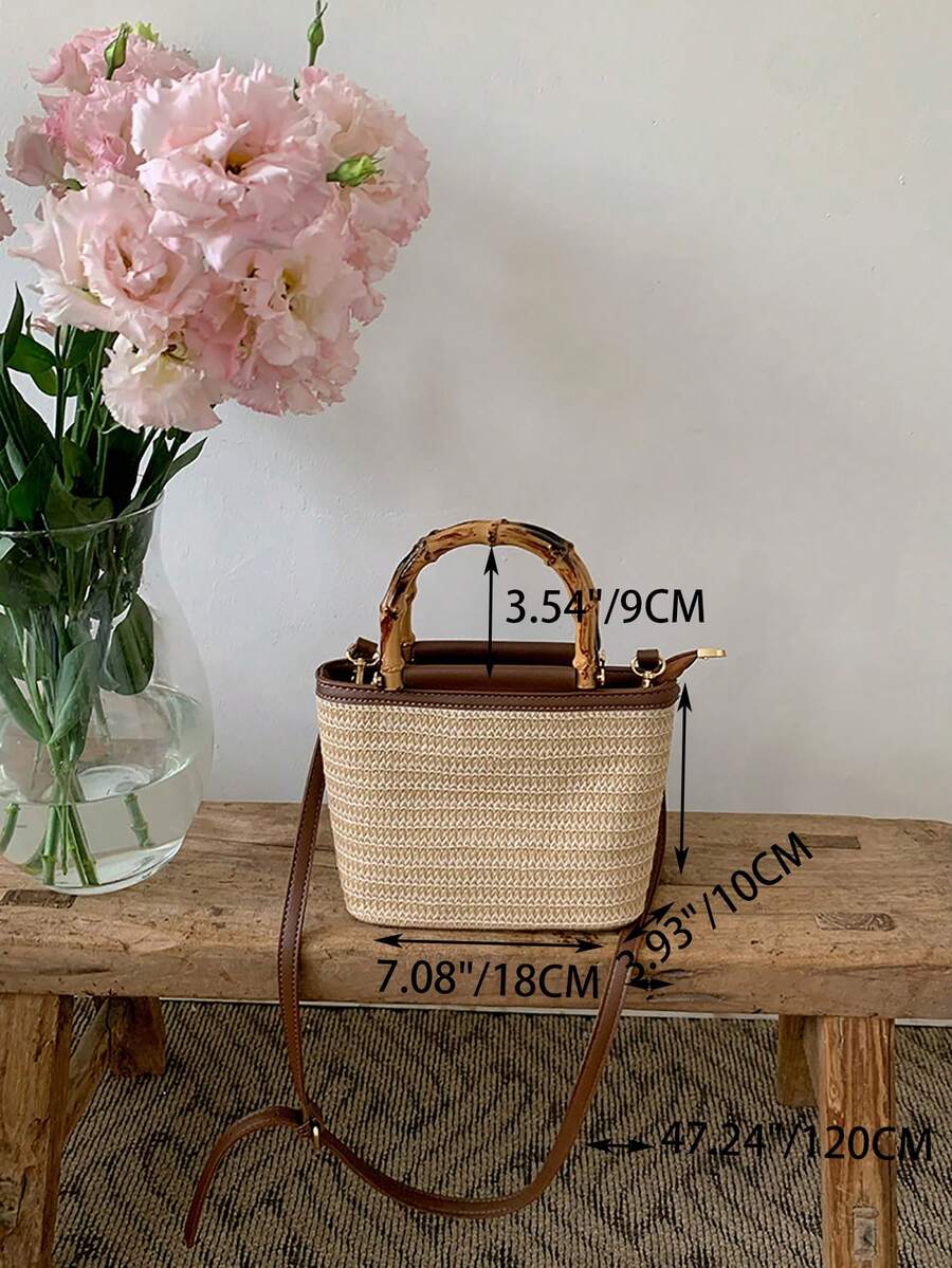 Livesso Handmade Woven Bamboo Knot Tote Handbag| Quality Woven Straw + Durable PU Leather Patchwork, Japanese Vintage Style| Bamboo Handle Design Convertible To Handheld Or Shoulder Bag, Large Capac