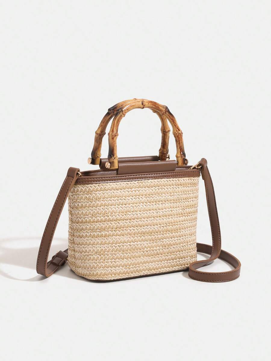 Livesso Handmade Woven Bamboo Knot Tote Handbag| Quality Woven Straw + Durable PU Leather Patchwork, Japanese Vintage Style| Bamboo Handle Design Convertible To Handheld Or Shoulder Bag, Large Capac