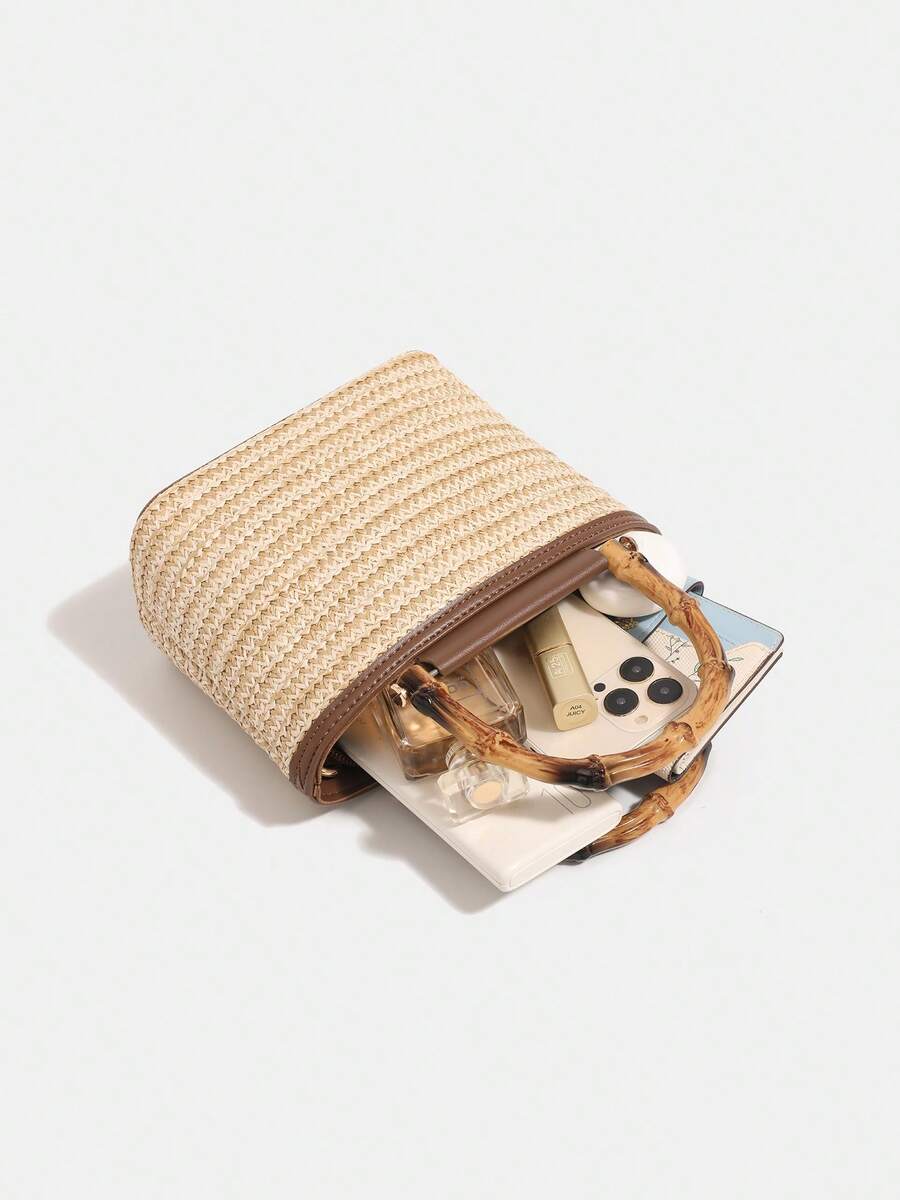 Livesso Handmade Woven Bamboo Knot Tote Handbag| Quality Woven Straw + Durable PU Leather Patchwork, Japanese Vintage Style| Bamboo Handle Design Convertible To Handheld Or Shoulder Bag, Large Capac