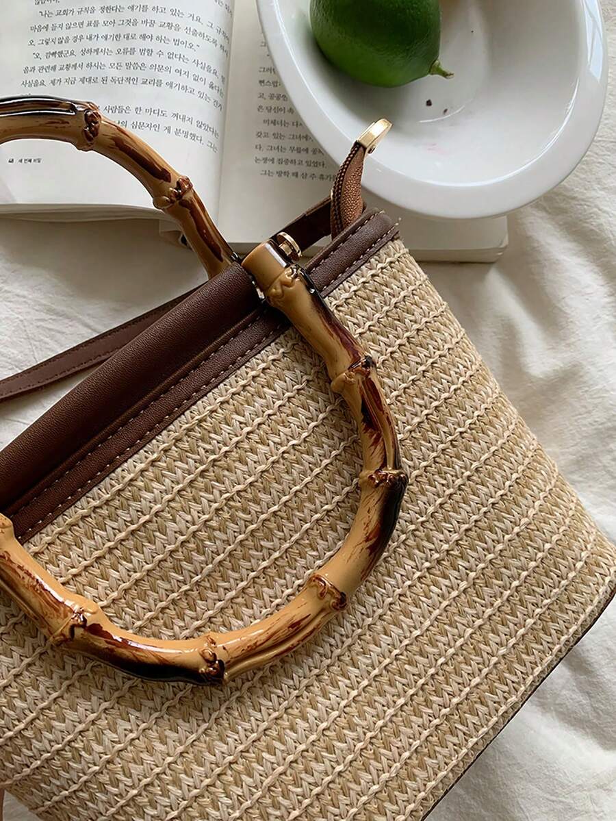 Livesso Handmade Woven Bamboo Knot Tote Handbag| Quality Woven Straw + Durable PU Leather Patchwork, Japanese Vintage Style| Bamboo Handle Design Convertible To Handheld Or Shoulder Bag, Large Capac
