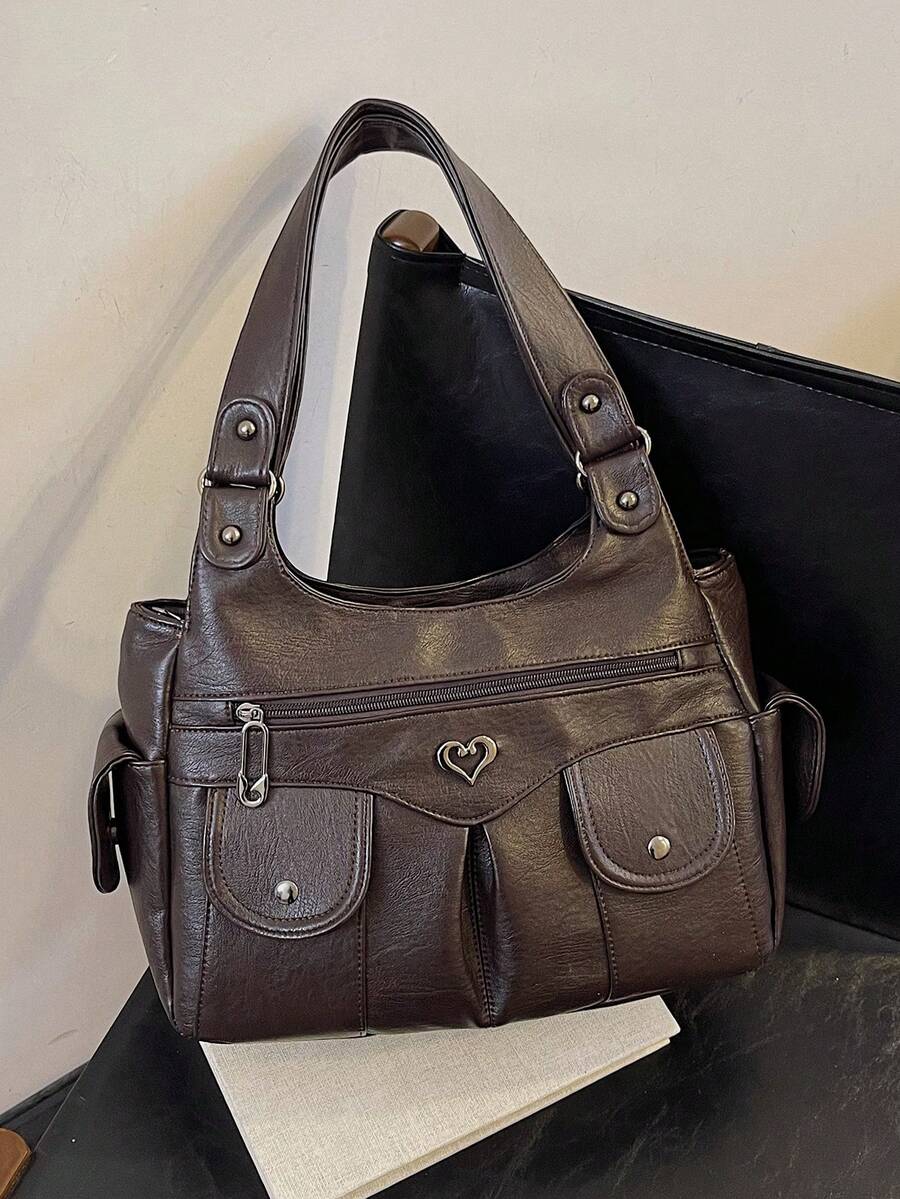1pc Vintage Large Capacity Handbag, Vintage PU Crossbody Shoulder Bag, Women Casual Tote Bag & Wallet Set