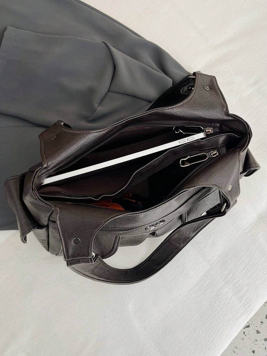 1pc Vintage Large Capacity Handbag, Vintage PU Crossbody Shoulder Bag, Women Casual Tote Bag & Wallet Set