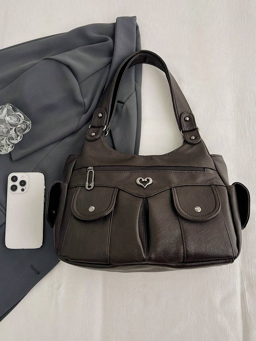 1pc Vintage Large Capacity Handbag, Vintage PU Crossbody Shoulder Bag, Women Casual Tote Bag & Wallet Set