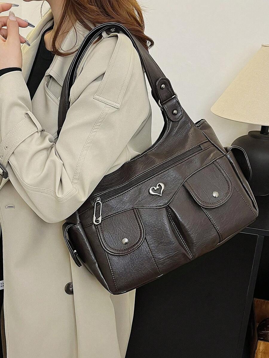 1pc Vintage Large Capacity Handbag, Vintage PU Crossbody Shoulder Bag, Women Casual Tote Bag & Wallet Set
