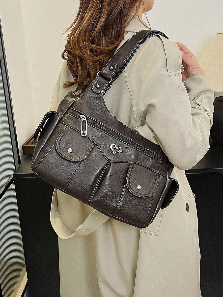 1pc Vintage Large Capacity Handbag, Vintage PU Crossbody Shoulder Bag, Women Casual Tote Bag & Wallet Set