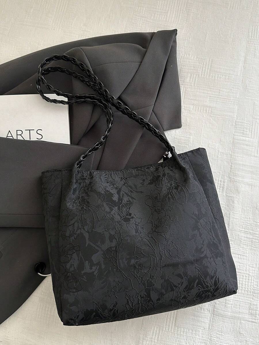 1pc Women's Fashion Commuter Large Capacity Printed Tote Bag, Suitable For Beach, Travel, Minimalist, Lightweight, Unique Woven Strap, Elegant Ribbon, Foldable