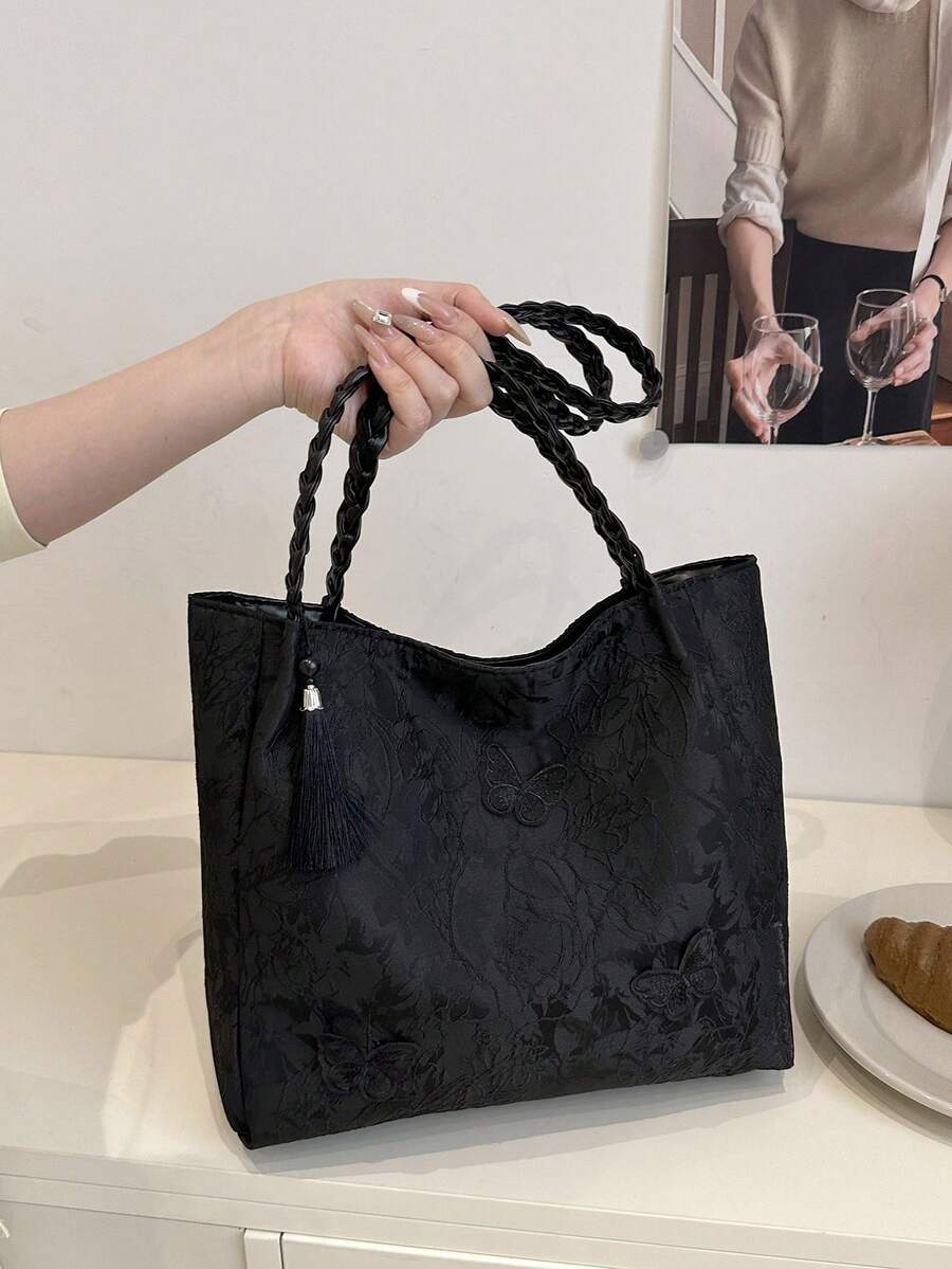 1pc Women's Fashion Commuter Large Capacity Printed Tote Bag, Suitable For Beach, Travel, Minimalist, Lightweight, Unique Woven Strap, Elegant Ribbon, Foldable