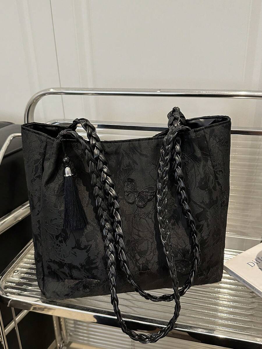 1pc Women's Fashion Commuter Large Capacity Printed Tote Bag, Suitable For Beach, Travel, Minimalist, Lightweight, Unique Woven Strap, Elegant Ribbon, Foldable