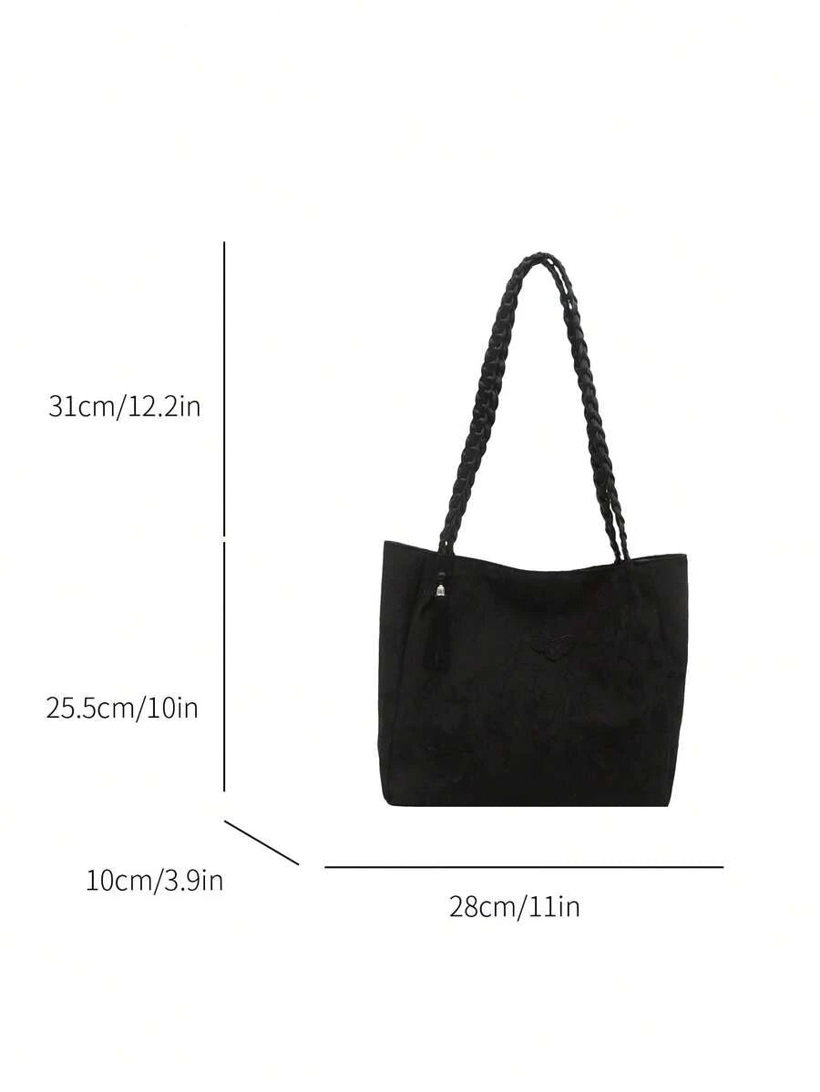 1pc Women's Fashion Commuter Large Capacity Printed Tote Bag, Suitable For Beach, Travel, Minimalist, Lightweight, Unique Woven Strap, Elegant Ribbon, Foldable