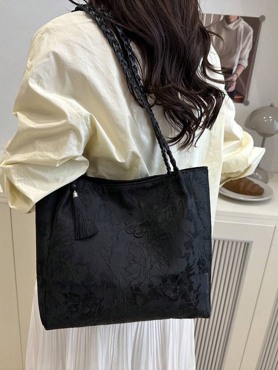 1pc Women's Fashion Commuter Large Capacity Printed Tote Bag, Suitable For Beach, Travel, Minimalist, Lightweight, Unique Woven Strap, Elegant Ribbon, Foldable
