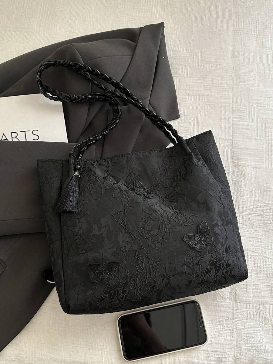 1pc Women's Fashion Commuter Large Capacity Printed Tote Bag, Suitable For Beach, Travel, Minimalist, Lightweight, Unique Woven Strap, Elegant Ribbon, Foldable