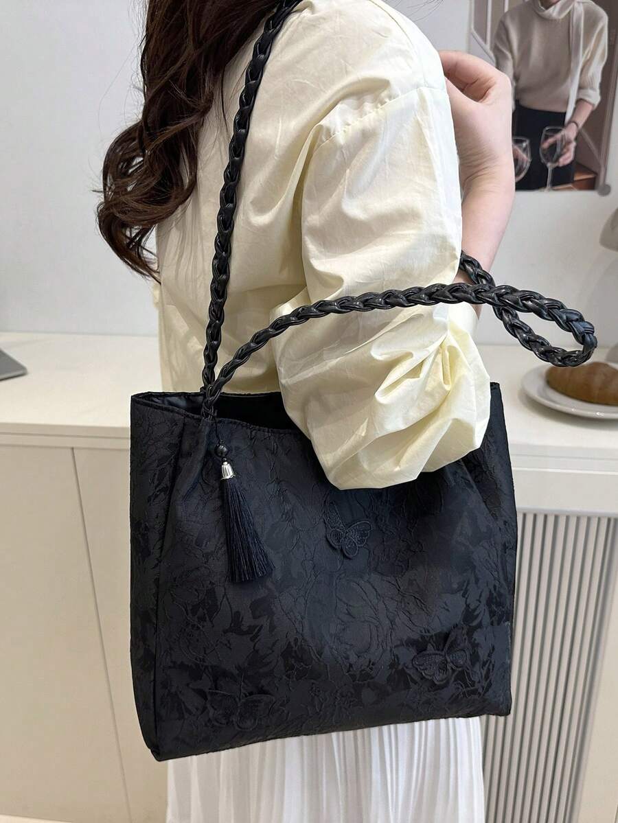 1pc Women's Fashion Commuter Large Capacity Printed Tote Bag, Suitable For Beach, Travel, Minimalist, Lightweight, Unique Woven Strap, Elegant Ribbon, Foldable