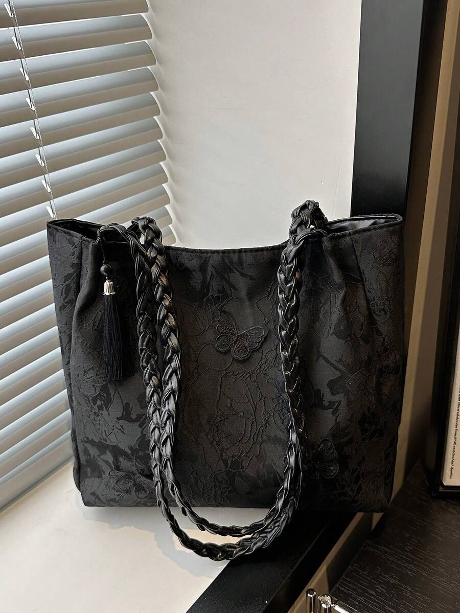 1pc Women's Fashion Commuter Large Capacity Printed Tote Bag, Suitable For Beach, Travel, Minimalist, Lightweight, Unique Woven Strap, Elegant Ribbon, Foldable
