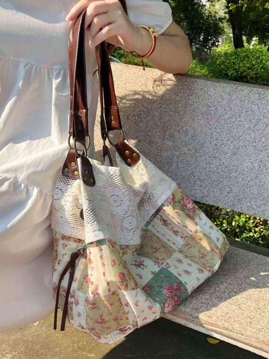Korean Style Polka Dot Canvas Tote Bag, Large Capacity Foldable Commuter Shoulder Bag For University Students, Polka Dot, Beach