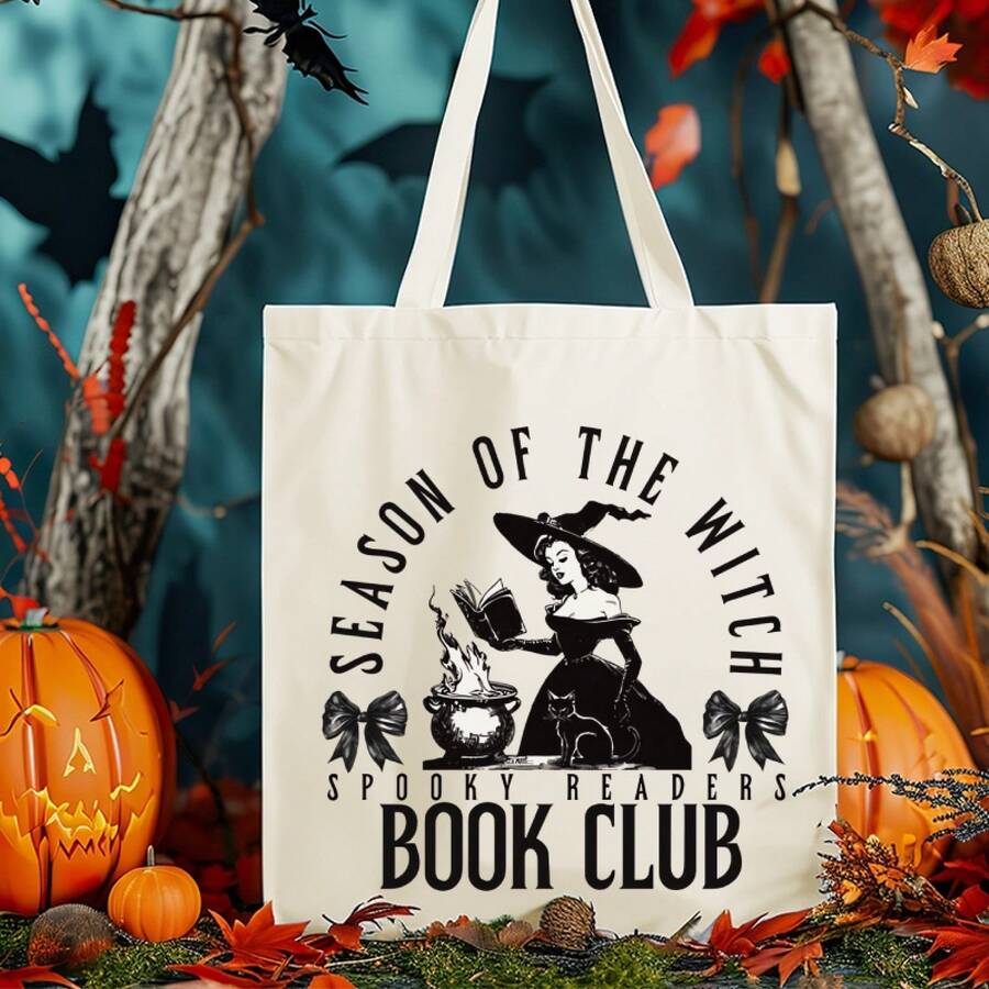 Halloween Bag, Halloween, Spooky Readers Book Club Print Tote Bag Handbag, Large Capacity Simple Style Durable Canvas Bags Outdoor Picnic, Party, Traveling, Shopping