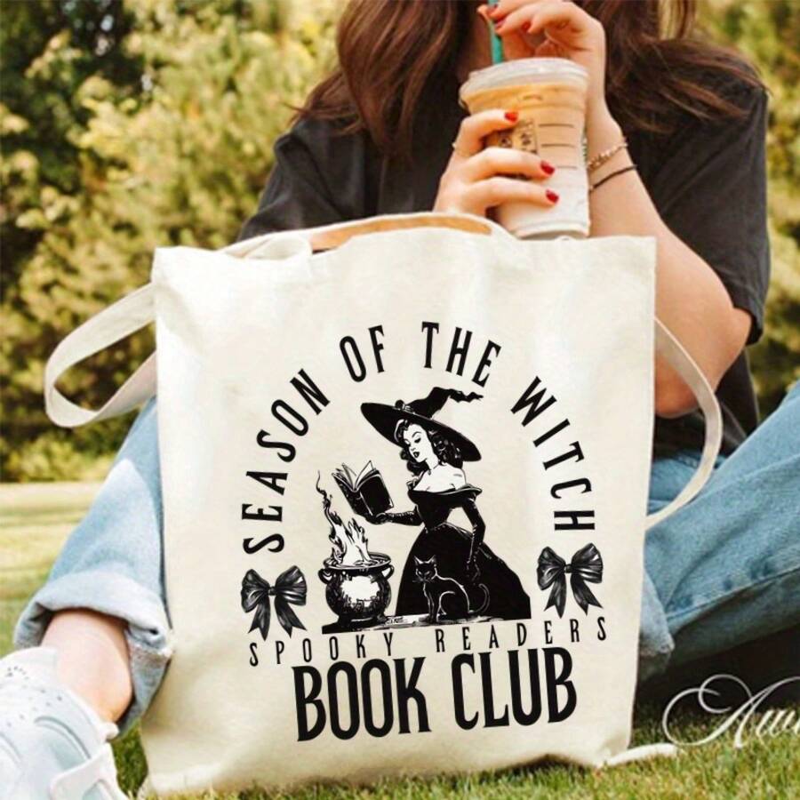 Halloween Bag, Halloween, Spooky Readers Book Club Print Tote Bag Handbag, Large Capacity Simple Style Durable Canvas Bags Outdoor Picnic, Party, Traveling, Shopping