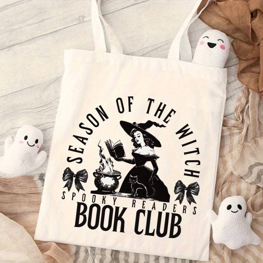 Halloween Bag, Halloween, Spooky Readers Book Club Print Tote Bag Handbag, Large Capacity Simple Style Durable Canvas Bags Outdoor Picnic, Party, Traveling, Shopping