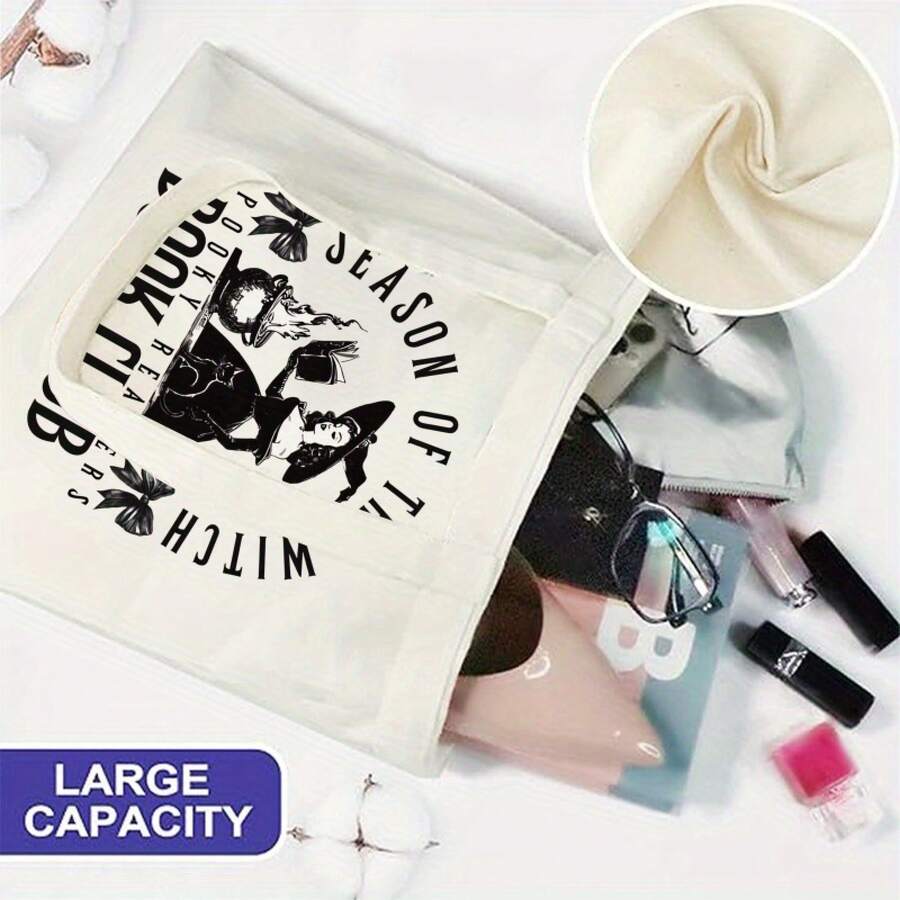 Halloween Bag, Halloween, Spooky Readers Book Club Print Tote Bag Handbag, Large Capacity Simple Style Durable Canvas Bags Outdoor Picnic, Party, Traveling, Shopping